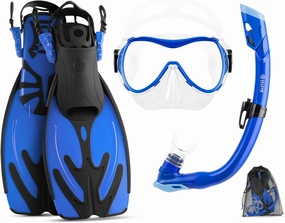 OutdoorMaster Marlin Kids Mask Fins Snorkel Set, Dry Top Snorkeling Gear with Adjustable Fins, Anti-Fog Snorkel Mask Set for Boys and Girls Age 6-16