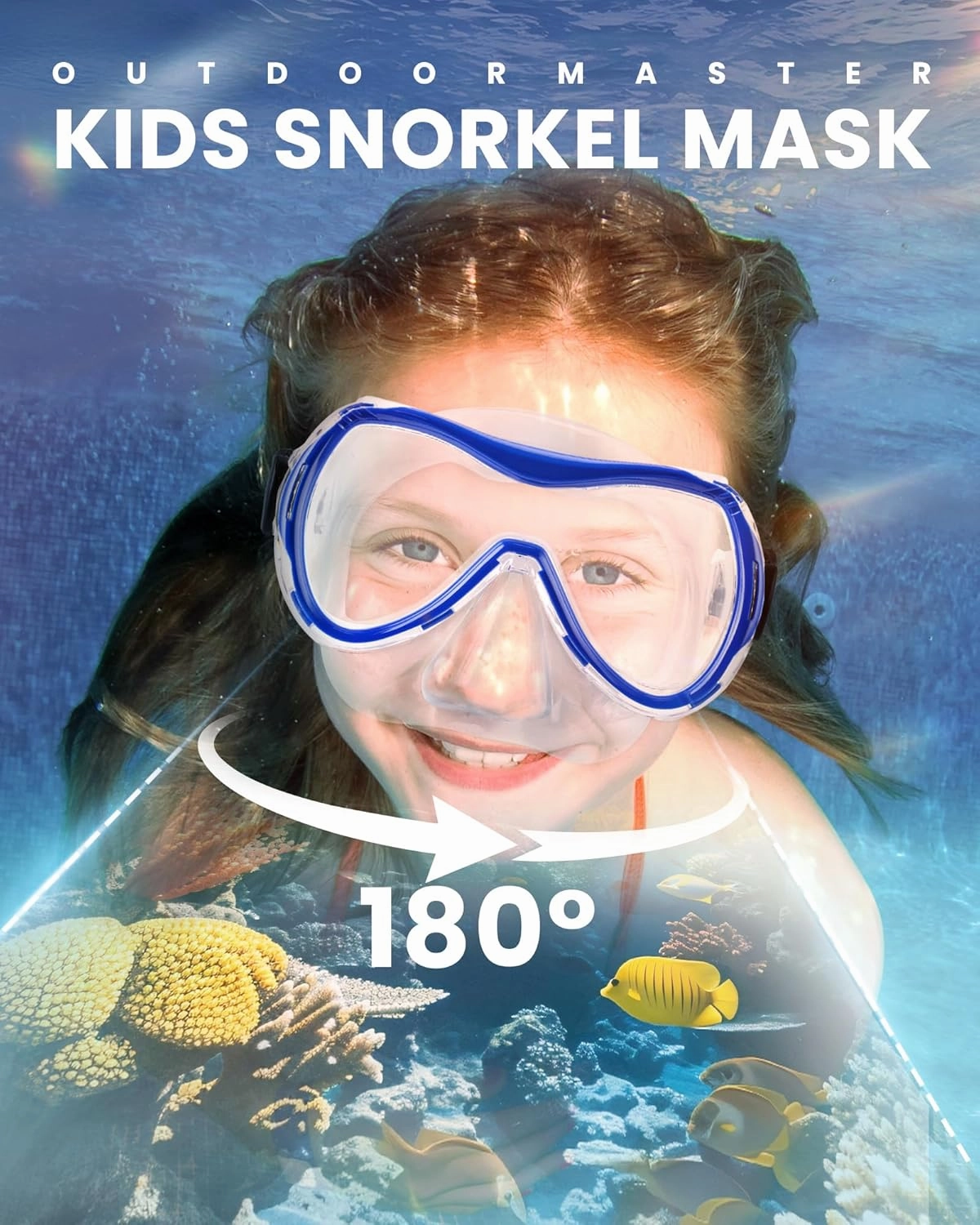 OutdoorMaster Marlin Kids Mask Fins Snorkel Set, Dry Top Snorkeling Gear with Adjustable Fins, Anti-Fog Snorkel Mask Set for Boys and Girls Age 6-16