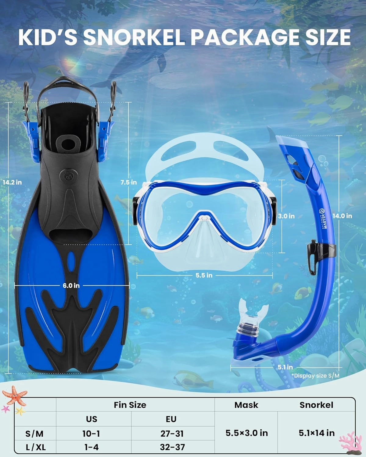 OutdoorMaster Marlin Kids Mask Fins Snorkel Set, Dry Top Snorkeling Gear with Adjustable Fins, Anti-Fog Snorkel Mask Set for Boys and Girls Age 6-16