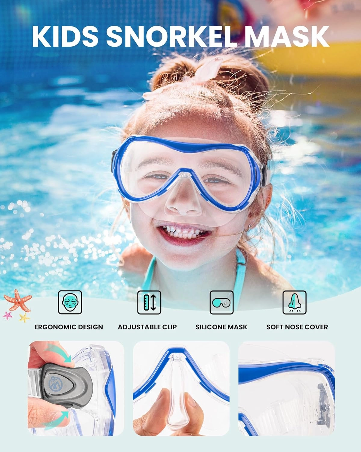 OutdoorMaster Marlin Kids Mask Fins Snorkel Set, Dry Top Snorkeling Gear with Adjustable Fins, Anti-Fog Snorkel Mask Set for Boys and Girls Age 6-16
