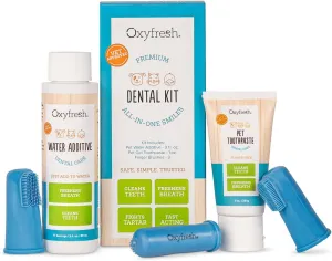 Oxyfresh Premium Pet Dental Kit for Dogs & Cats – Easy Solution for Fresh Breath, Clean Teeth, Control Plaque & Tartar – Vet Formulated Pet Toothpaste 1oz   Water Additive 3oz   3 LG Brushes Kit