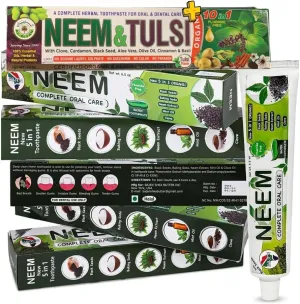 Pack of 4 - Organic Neem 10 in 1 Fluoride Free Toothpaste - Neem, Clove, Black Seed, Cardamon, Aloe Vera, Tea Tree Oil, Miswak, Clove - Herbal Blend - 7.05 oz