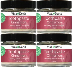 Pack of 4 Viva Doria Natural Toothpaste Fluoride Free Tooth Paste - Cinnamon, Refreshes Mouth, Freshens Breath, Keeps Teeth and Gum Healthy, Cinnamon Flavor, 3 oz Glass jar