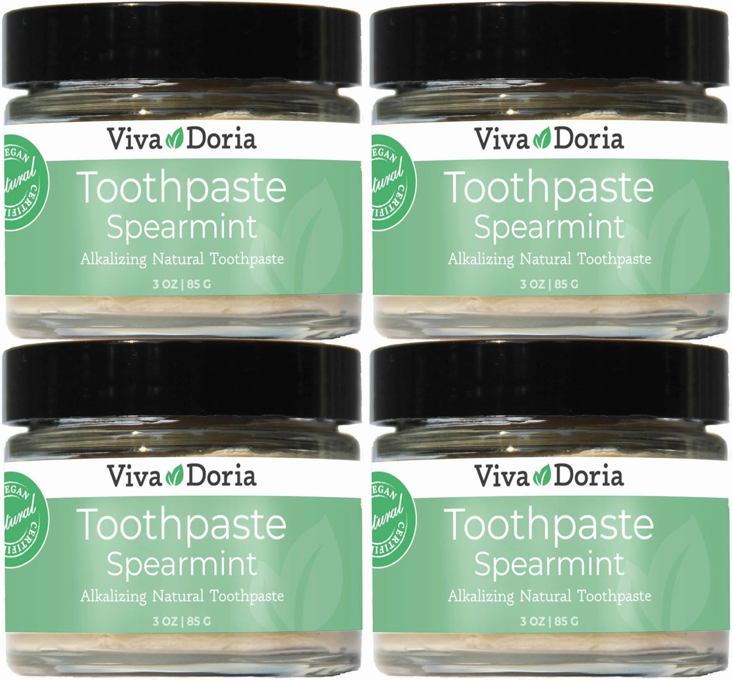 Pack of 4 Viva Doria Natural Toothpaste Fluoride Free Tooth Paste - Spearmint, Refreshes Mouth, Freshens Breath, Keeps Teeth and Gum Healthy, Spearmint Flavor, 3 oz Glass jar
