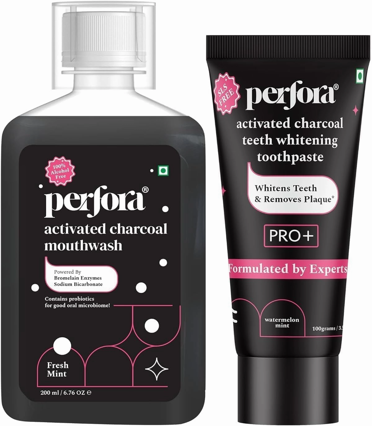 Pe.rfora_Activ.ated Charcoal Toothpaste and Mouthwash Combo | Enamel Safe Teeth Whitening Toothpaste for Men & Women | Mouthfreshner with Active Ingredients| No Artificial Colors | (100g, 200ML)