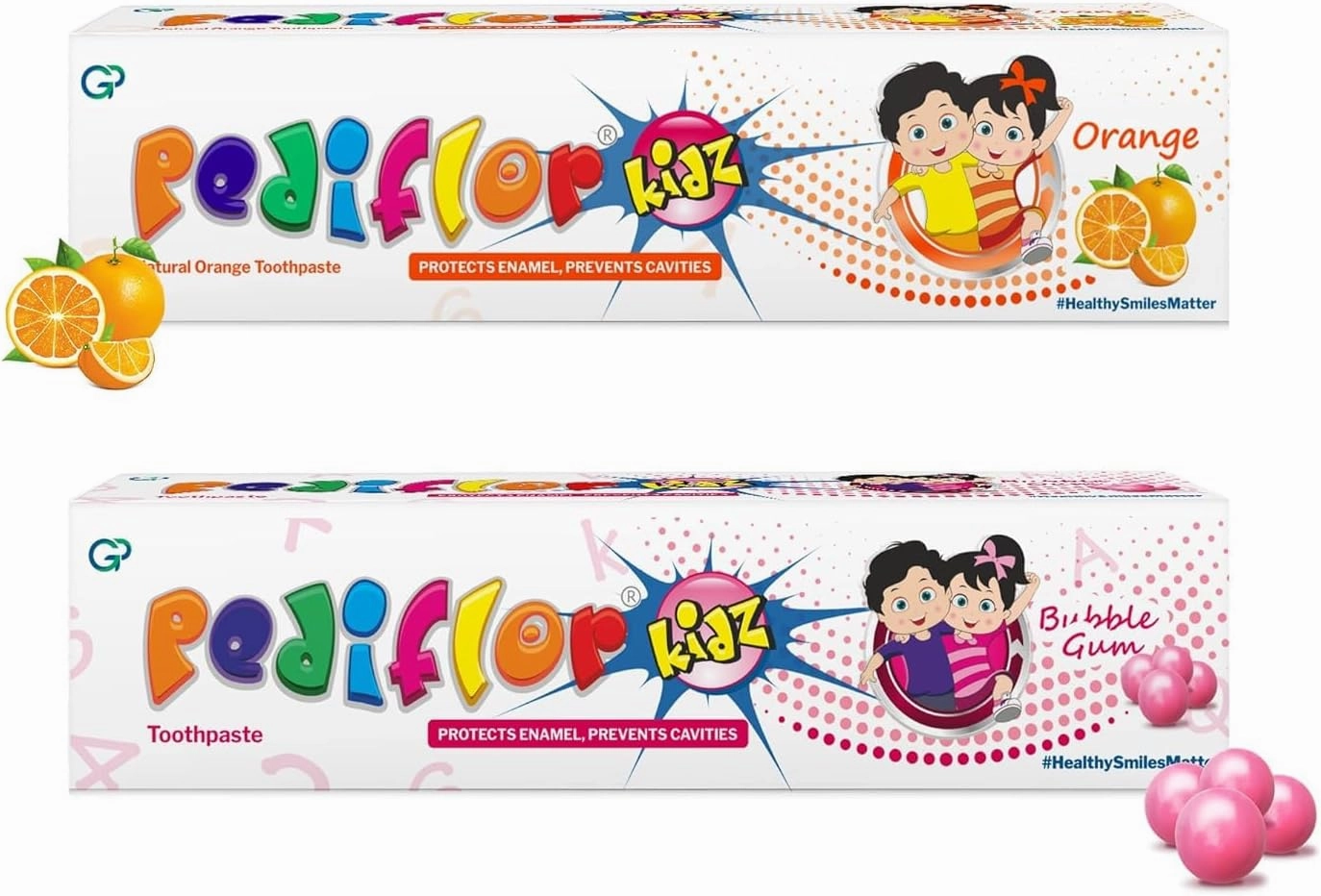 PEDIFL..OR Kidz Anti Cavity Protection Toothpaste | Bubble Gum and Orange Flavour Combo Pack of 2 | Fluoride Toothpaste for Children with Xylitol | Fights Kids Tooth Decay | Vegan | 70G Per Pack