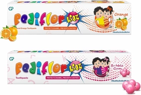 PEDIFL..OR Kidz Anti Cavity Protection Toothpaste | Bubble Gum and Orange Flavour Combo Pack of 2 | Fluoride Toothpaste for Children with Xylitol | Fights Kids Tooth Decay | Vegan | 70G Per Pack