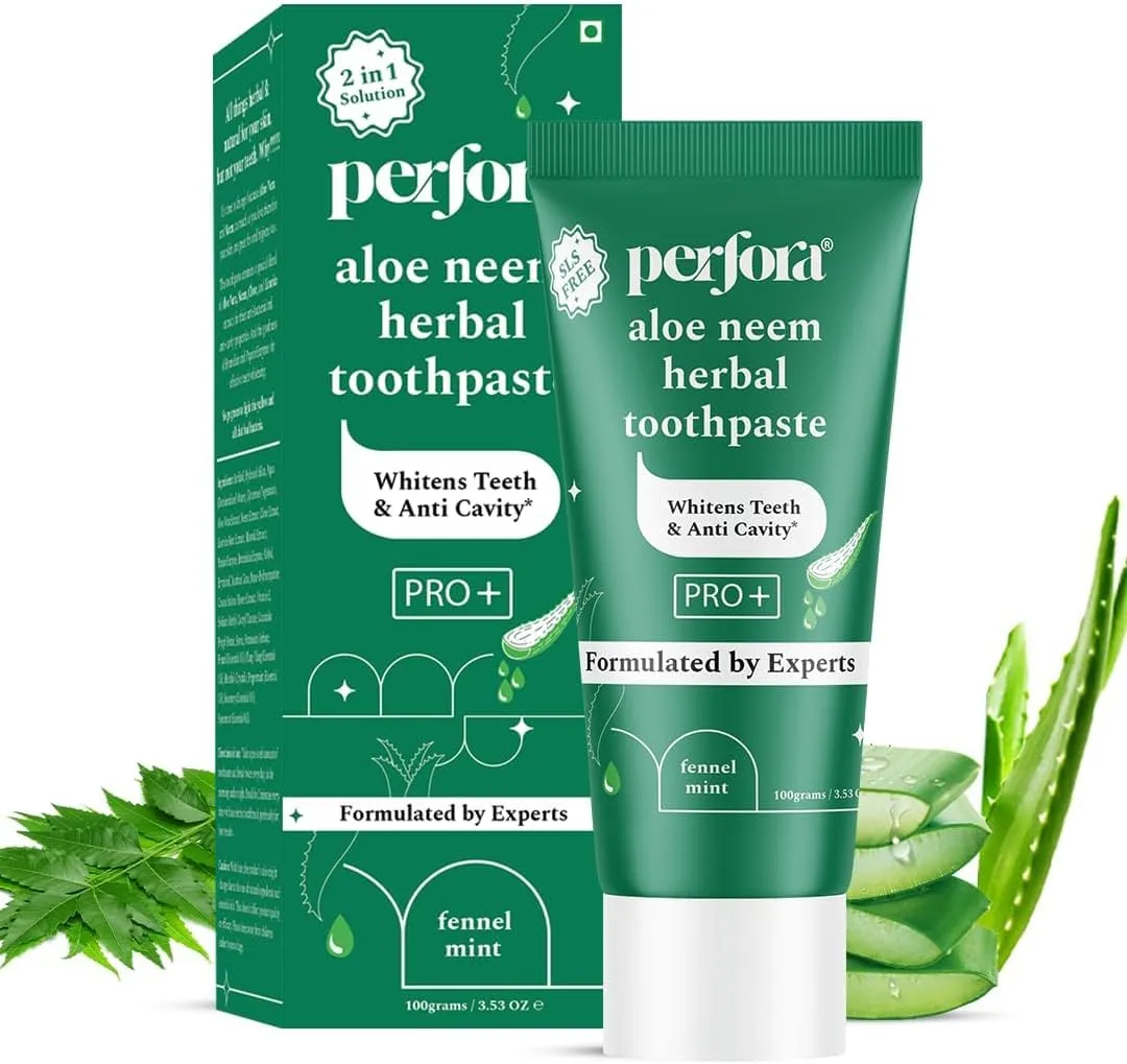 Per;Fora Aloe Neem Herbal Toothpaste - 100 GMS | Enamel Safe Teeth Whitening Toothpaste for Men & Women | Formulated with Papain & Bromelain Enzyme | Helps Prevent Teeth Cavities | SLS Free