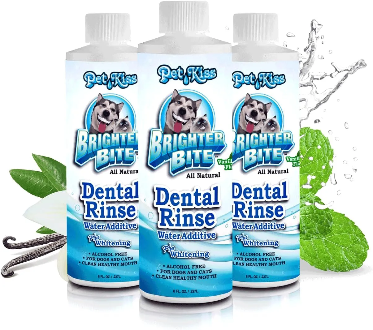 Pet Kiss Brighter Bite Dental Rinse for Pets - Tartar Control, Plaque Remover, Breath Freshener, Natural Oral Care Solution – Made in USA, 8 Oz (Pack of 3)