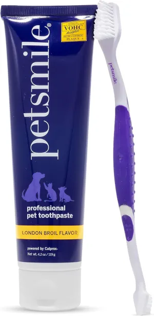 Petsmile Professional Pet Teeth Brushing Kit for Cats & Dogs- Only VOHC Accepted Toothpaste & Patented Toothbrush - Proven to Control Plaque & Tartar Calprox Formula (London Broil, 4.2 Oz)