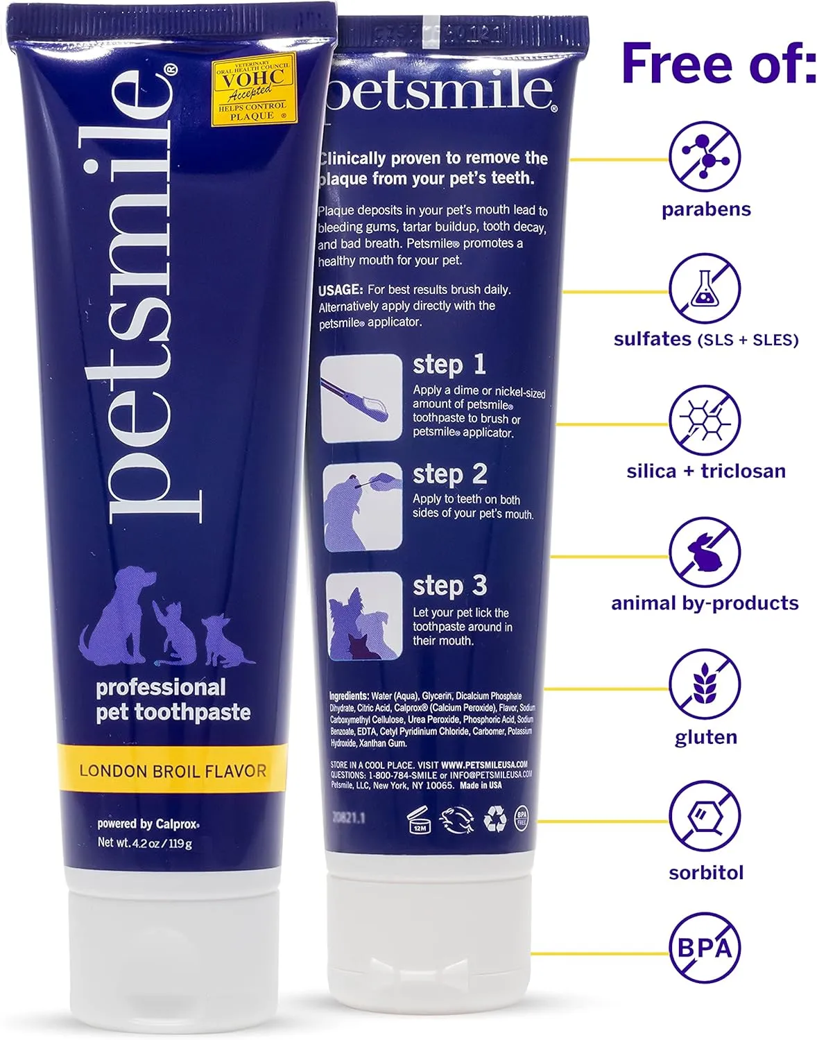 Petsmile Professional Pet Teeth Brushing Kit for Cats & Dogs- Only VOHC Accepted Toothpaste & Patented Toothbrush - Proven to Control Plaque & Tartar Calprox Formula (London Broil, 4.2 Oz)