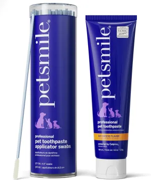 Petsmile Professional Pet Toothpaste Kit - Cat & Dog Applicator Swab & Toothpaste - Control Plaque, Tartar & Bad Breath - VOHC Accepted Toothpaste - Teeth Cleaning Supplies (Say Cheese, 4.2 Oz)