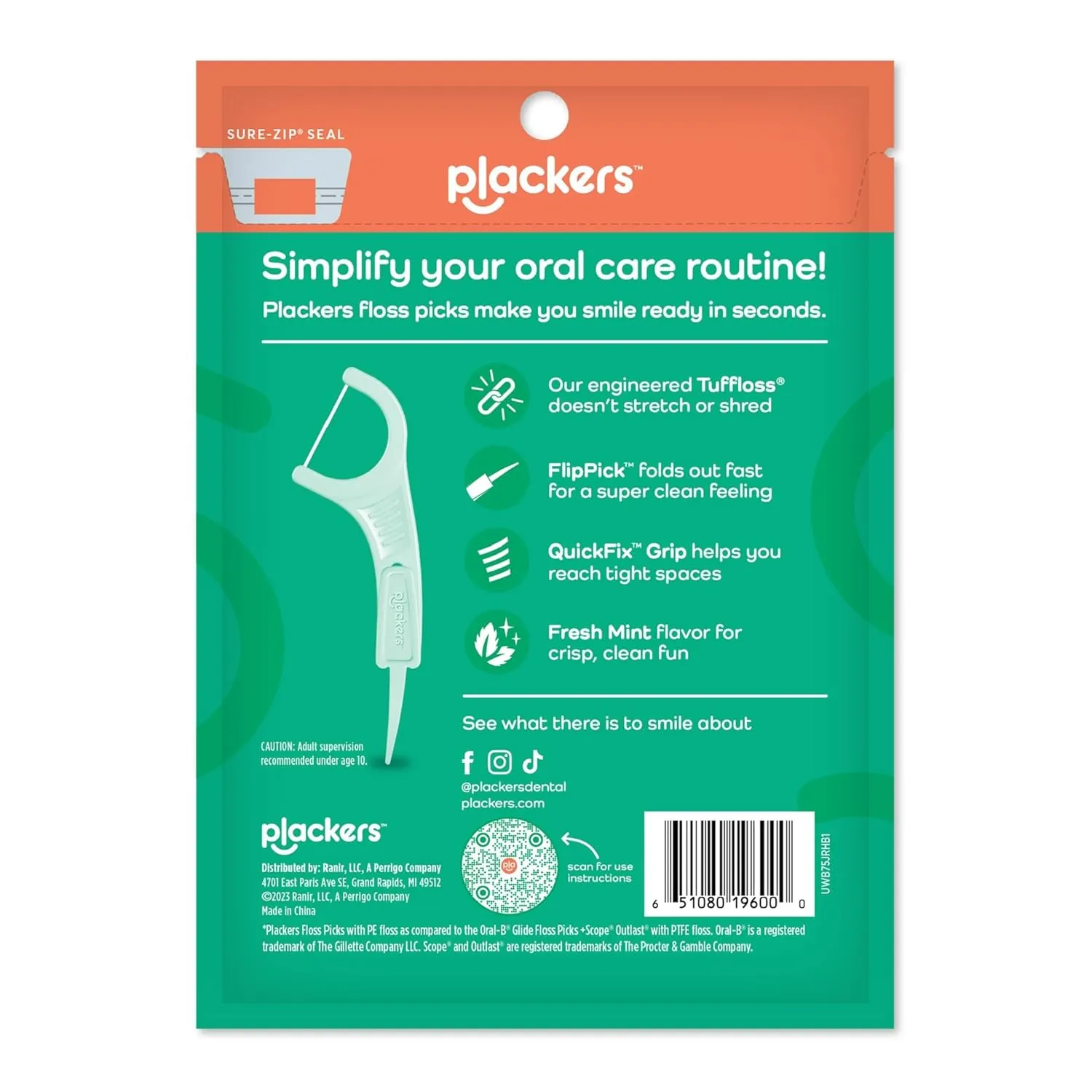 Plackers Micro Line Dental Floss Picks, Fold-Out FlipPick, Tuffloss, Easy Storage with Sure-Zip Seal, Fresh Mint Flavor, 90 Count (6 Pack)