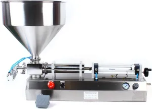 Pneumatic Liquid Filling Machine 50-500ml/0.013-0.13Gal Pneumatic Double Head Horizontal Liquid/Paste Piston Filler w/ 30L Hopper for Cream Liquids, 110V 300W 15-35 cans/min (Single Head 50-500ml)