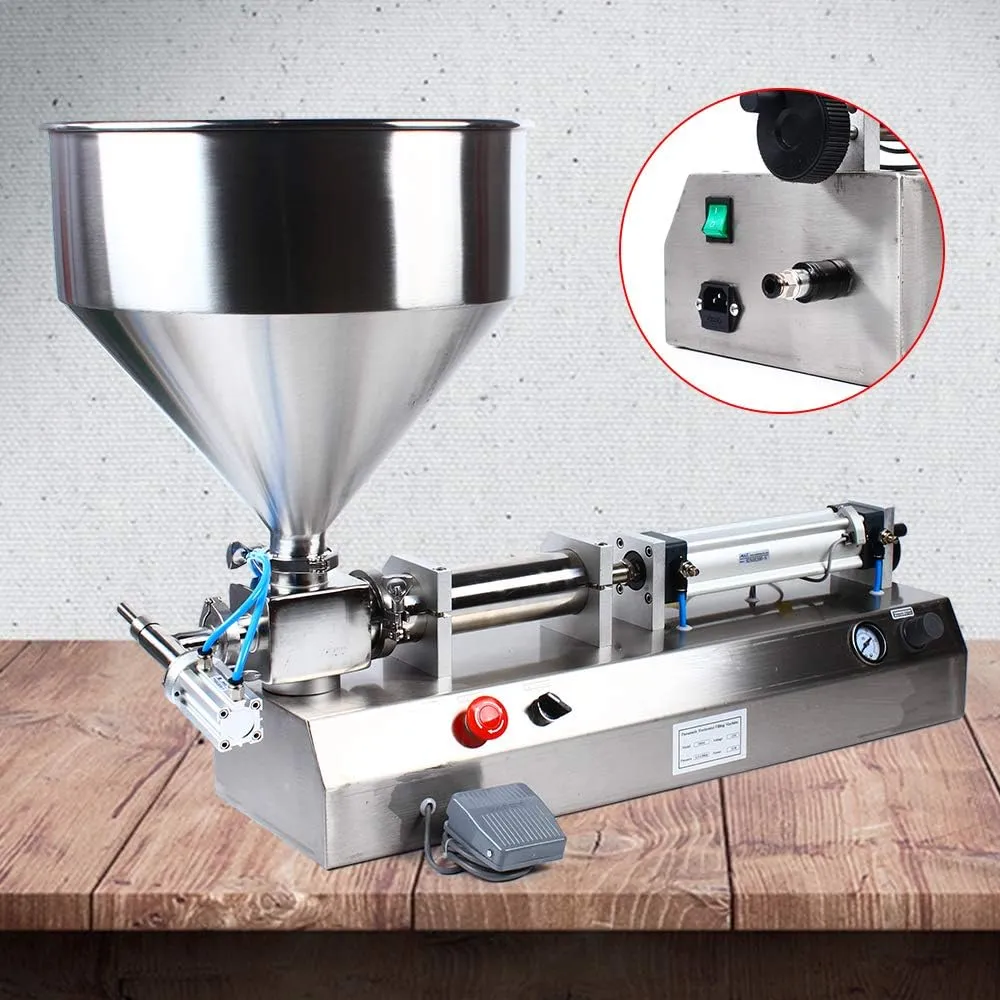 Pneumatic Liquid Filling Machine 50-500ml/0.013-0.13Gal Pneumatic Double Head Horizontal Liquid/Paste Piston Filler w/ 30L Hopper for Cream Liquids, 110V 300W 15-35 cans/min (Single Head 50-500ml)