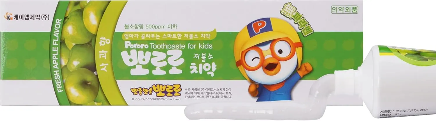 Pororo Kids Whitening Sensitive Toothpaste - Cavity Protection Low Fluoride Oral Care with 4 Fruit Flavors, Improving Gum Health, Removing Plaque to Strengthen Enamel 90g/3.17 Oz (Apple - 4packs)