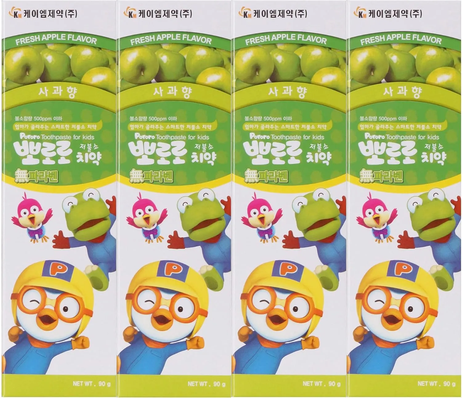 Pororo Kids Whitening Sensitive Toothpaste - Cavity Protection Low Fluoride Oral Care with 4 Fruit Flavors, Improving Gum Health, Removing Plaque to Strengthen Enamel 90g/3.17 Oz (Apple - 4packs)