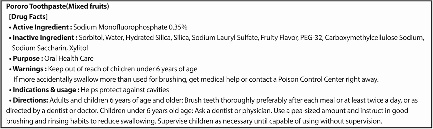 Pororo Kids Whitening Sensitive Toothpaste - Cavity Protection Low Fluoride Oral Care with 4 Fruit Flavors, Improving Gum Health, Removing Plaque to Strengthen Enamel 90g/3.17 Oz (Mixed Fruits)