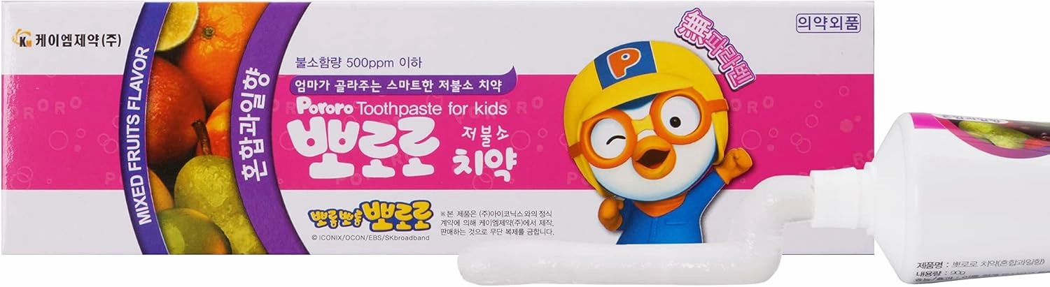 Pororo Kids Whitening Sensitive Toothpaste - Cavity Protection Low Fluoride Oral Care with 4 Fruit Flavors, Improving Gum Health, Removing Plaque to Strengthen Enamel 90g/3.17 Oz (Mixed Fruits)