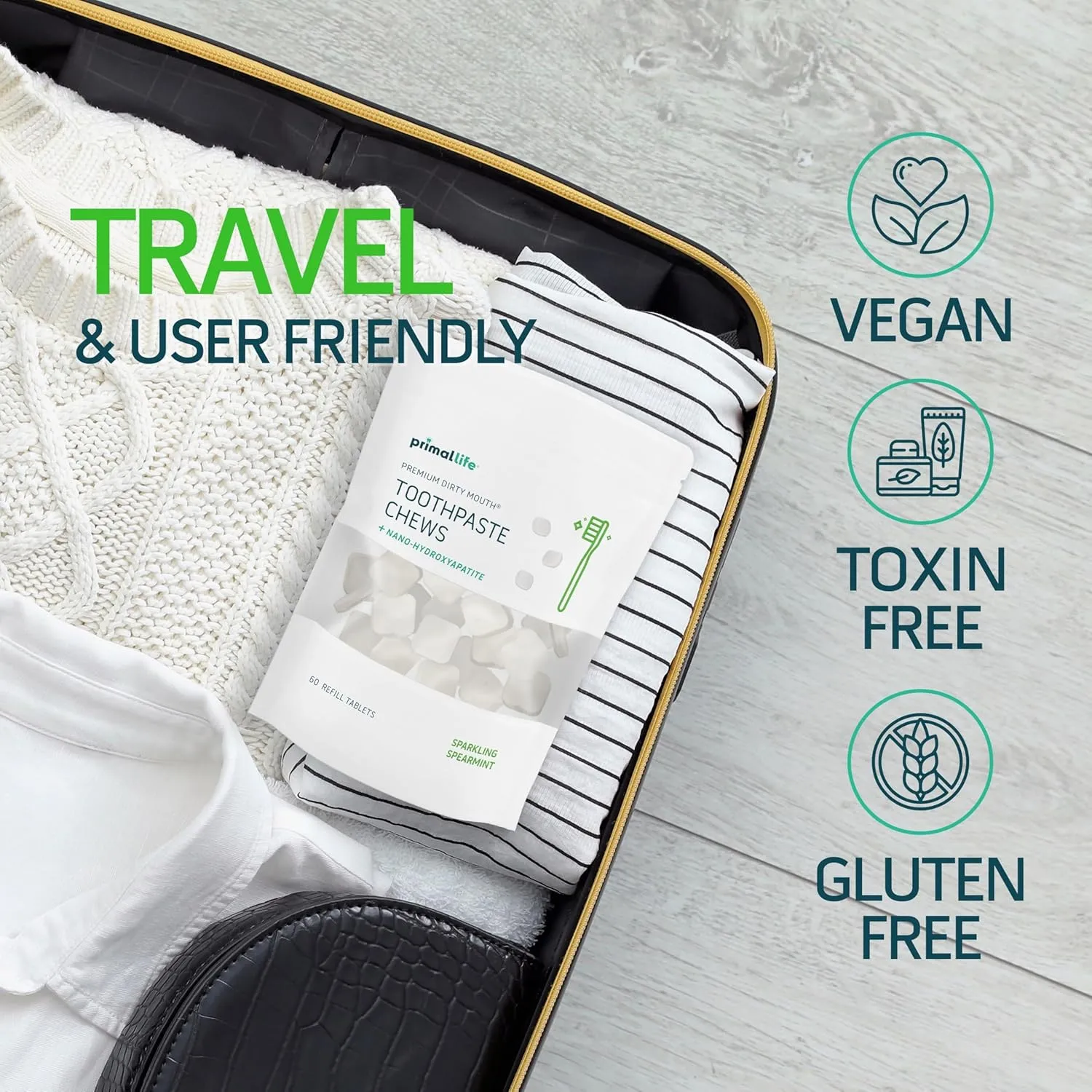 Primal Life Organics Premium Dirty Mouth Toothpaste Chews – Nano-Hydroxyapatite Whitening Toothpaste Tablets for Adults - Gluten Free, Vegan, Paleo - 60 Tablets in Bag - Sparkling Spearmint