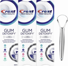 Pro-Health Gum Detoxify Ultra Toothpaste with Gentle Whitening 4.7 oz (Pack of 3) Gum and Enamel Protection Bundle with Stainless Steel Tongue Cleaner Pro