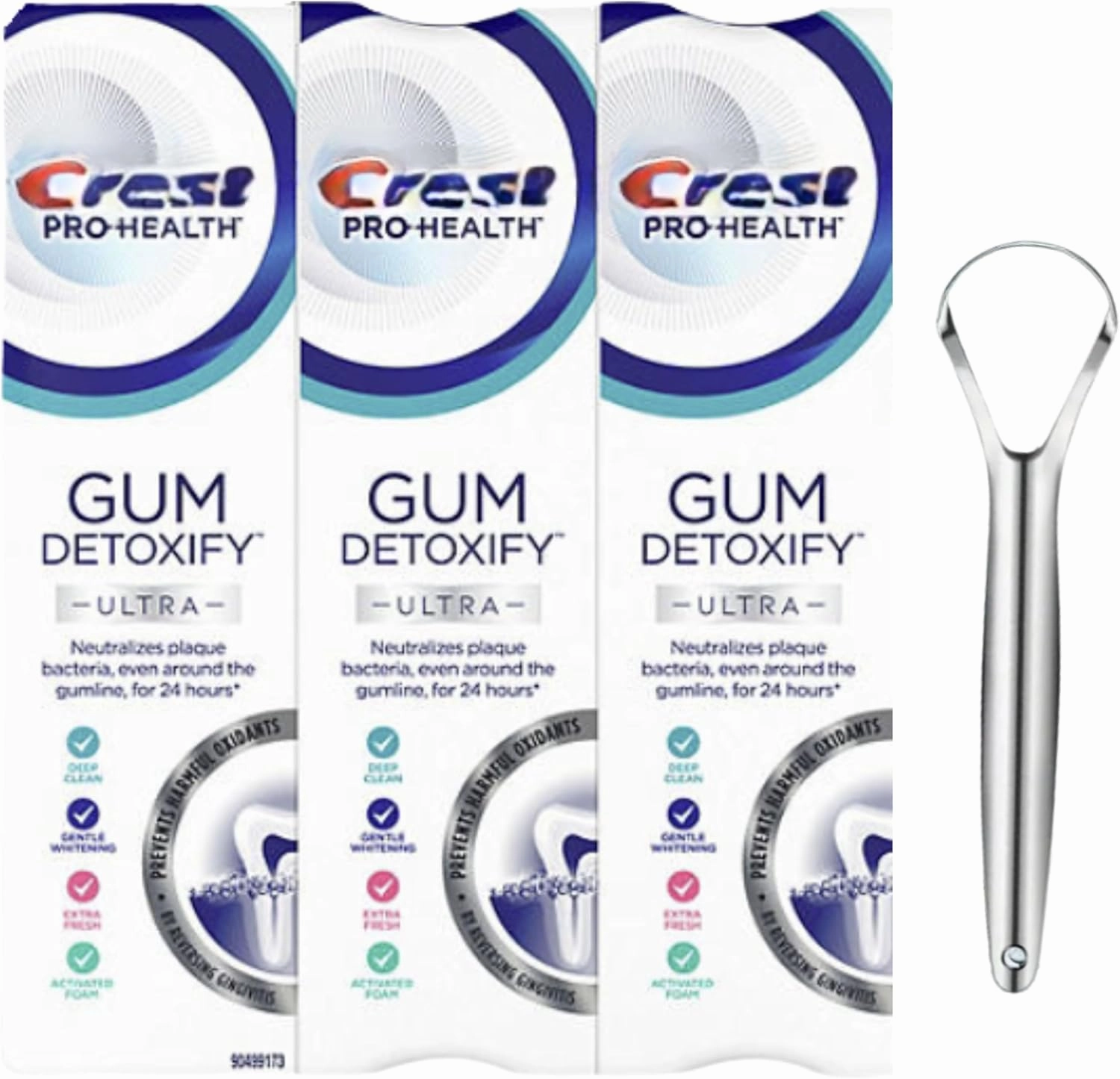 Pro-Health Gum Detoxify Ultra Toothpaste with Gentle Whitening 4.7 oz (Pack of 3) Gum and Enamel Protection Bundle with Stainless Steel Tongue Cleaner Pro