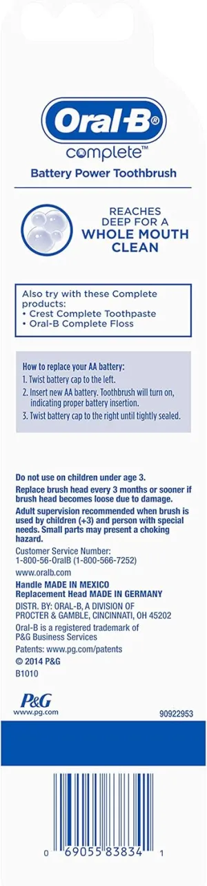 Procter & Gamble Oral-B Complete Deep Clean Battery Power Electric Toothbrush,1 Count (Color May Vary) (Pack of 2)