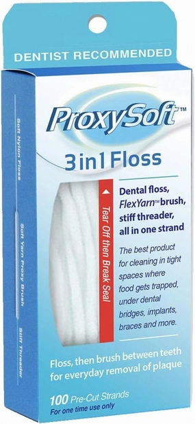ProxySoft 3-in-1 Dental Floss for Optimal Teeth Flossing​- 6 Packs Pre-Cut Ortho Floss Threaders for Braces, Tight Spaces, Bridges, Implants with Built-in Soft Proxy Brush and Stiff Threader Flosser