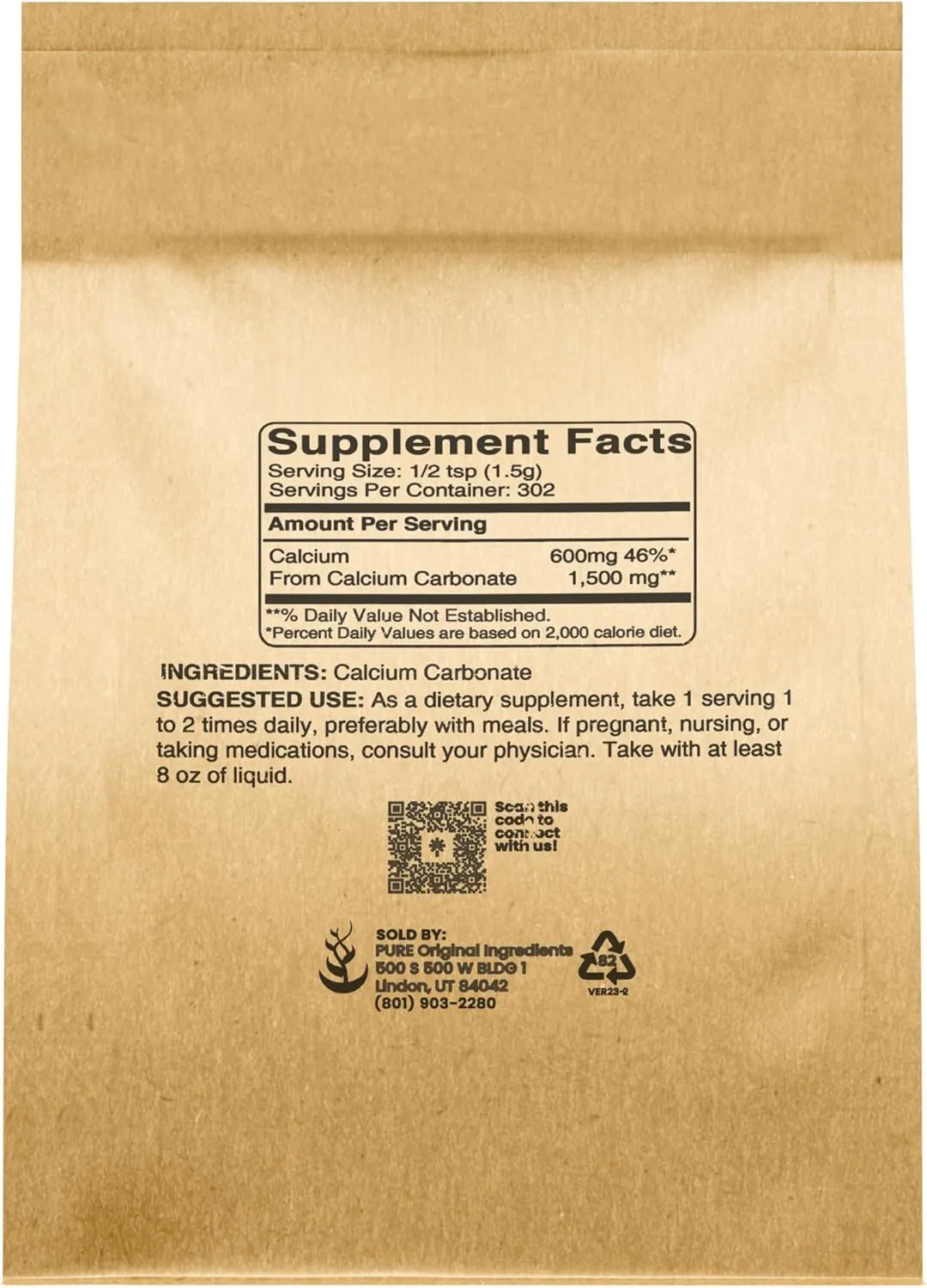 Pure Original Ingredients Calcium Carbonate (1 lb) Dietary Supplement, Food Preservative, Acid Neutralizer