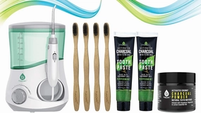 Pursonic OI-200 Professional Counter Top Oral Irrigator Water Flosser with 4 100% Natural Eco Bamboo Toothbrushes, 2 Charcoal Whitening Toothpaste & Activated Coconut Charcoal Powder Teeth Whitener