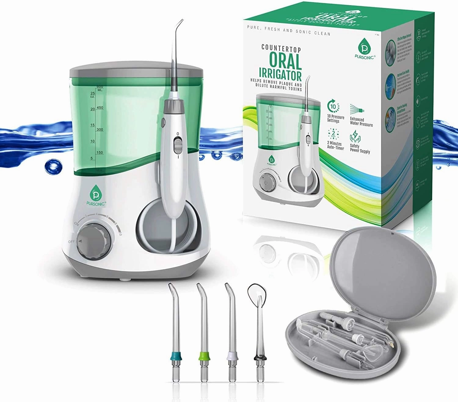 Pursonic OI-200 Professional Counter Top Oral Irrigator Water Flosser with 4 100% Natural Eco Bamboo Toothbrushes, 2 Charcoal Whitening Toothpaste & Activated Coconut Charcoal Powder Teeth Whitener