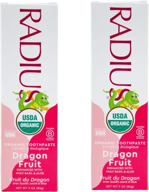 RADIUS USDA Organic Kids Toothpaste 3oz Non Toxic Chemical-Free Gluten-Free Designed to Improve Gum Health for Children's 6 Months and Up - Dragon Fruit - Pack of 2