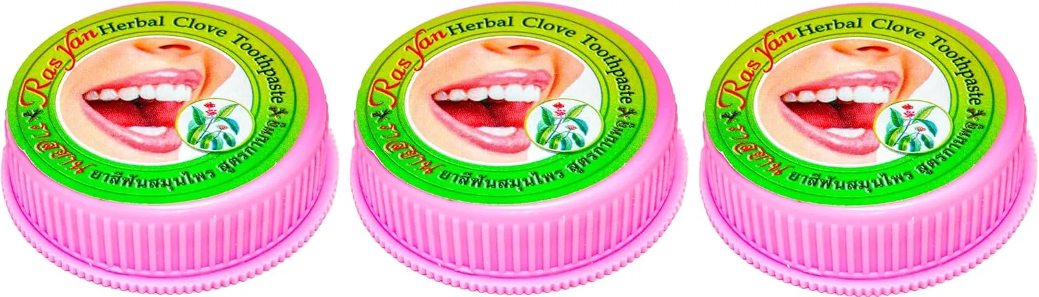 Ras Yan Herbal Clove Toothpaste 25g, Pack of 3. Removes Bad Breath, Dental Plaque, Coffee & Tea Stains, Keeping Your Teeth White All The Time. Imported from Thailand.