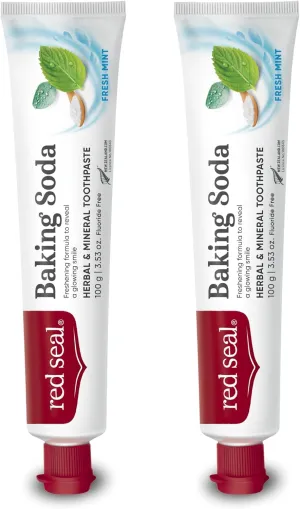 Red Seal Baking Soda Toothpaste - Fluoride-Free Herbal & Mineral Formula, Vegan-Friendly, Cruelty-Free, SLS and Paraben-Free, No Artificial Flavors, NATRUE Certified Natural, Dry Mouth Relief (2 Pack)