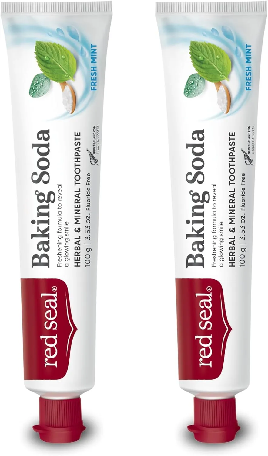 Red Seal Baking Soda Toothpaste - Fluoride-Free Herbal & Mineral Formula, Vegan-Friendly, Cruelty-Free, SLS and Paraben-Free, No Artificial Flavors, NATRUE Certified Natural, Dry Mouth Relief (2 Pack)