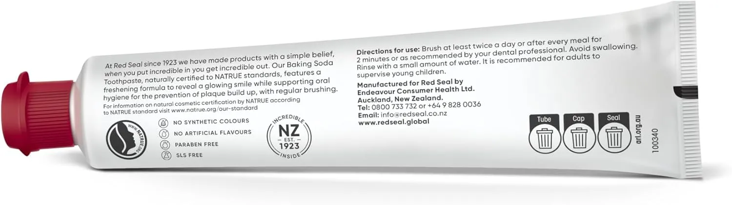 Red Seal Baking Soda Toothpaste - Fluoride-Free Herbal & Mineral Formula, Vegan-Friendly, Cruelty-Free, SLS and Paraben-Free, No Artificial Flavors, NATRUE Certified Natural, Dry Mouth Relief (2 Pack)