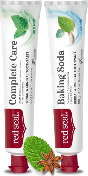 Red Seal Flouride Free Toothpaste Bundle - Baking Soda and Complete Care NATRUE Certified Natural Toothpaste, No Additives, SLS Free, Organic, Vegan Friendly