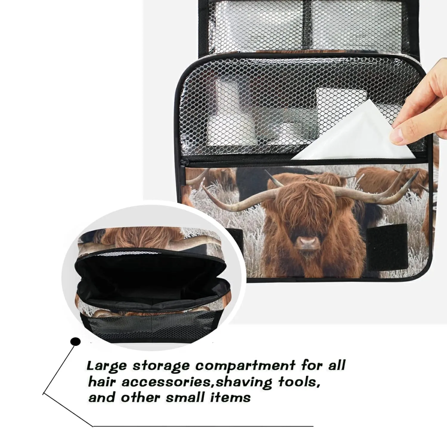 Reddish Brown Scottish Highland Crowd Natural White Winter Landscape Travel Cosmetic Bag, Hanging Toiletry Wash bag, Portable Makeup Organizer Brush Case, Storage Bag with Hook for Bathroom Toilet
