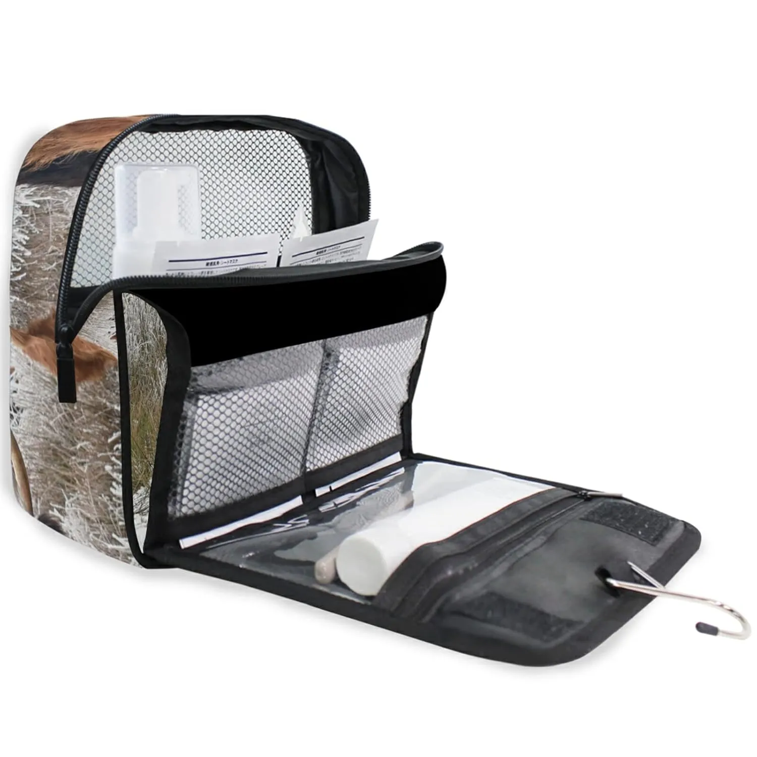 Reddish Brown Scottish Highland Crowd Natural White Winter Landscape Travel Cosmetic Bag, Hanging Toiletry Wash bag, Portable Makeup Organizer Brush Case, Storage Bag with Hook for Bathroom Toilet