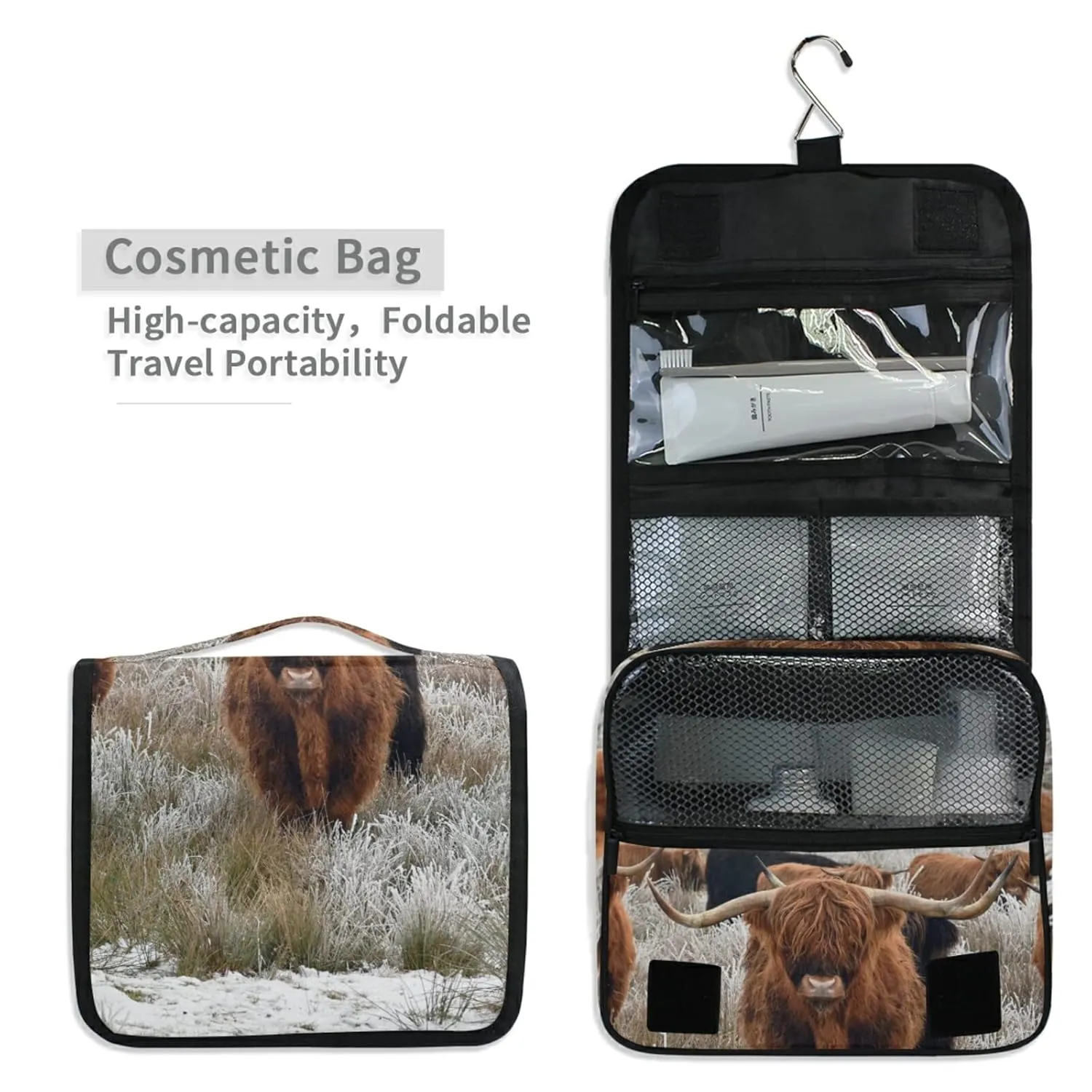Reddish Brown Scottish Highland Crowd Natural White Winter Landscape Travel Cosmetic Bag, Hanging Toiletry Wash bag, Portable Makeup Organizer Brush Case, Storage Bag with Hook for Bathroom Toilet