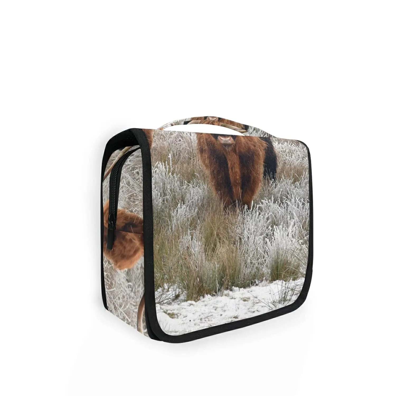 Reddish Brown Scottish Highland Crowd Natural White Winter Landscape Travel Cosmetic Bag, Hanging Toiletry Wash bag, Portable Makeup Organizer Brush Case, Storage Bag with Hook for Bathroom Toilet