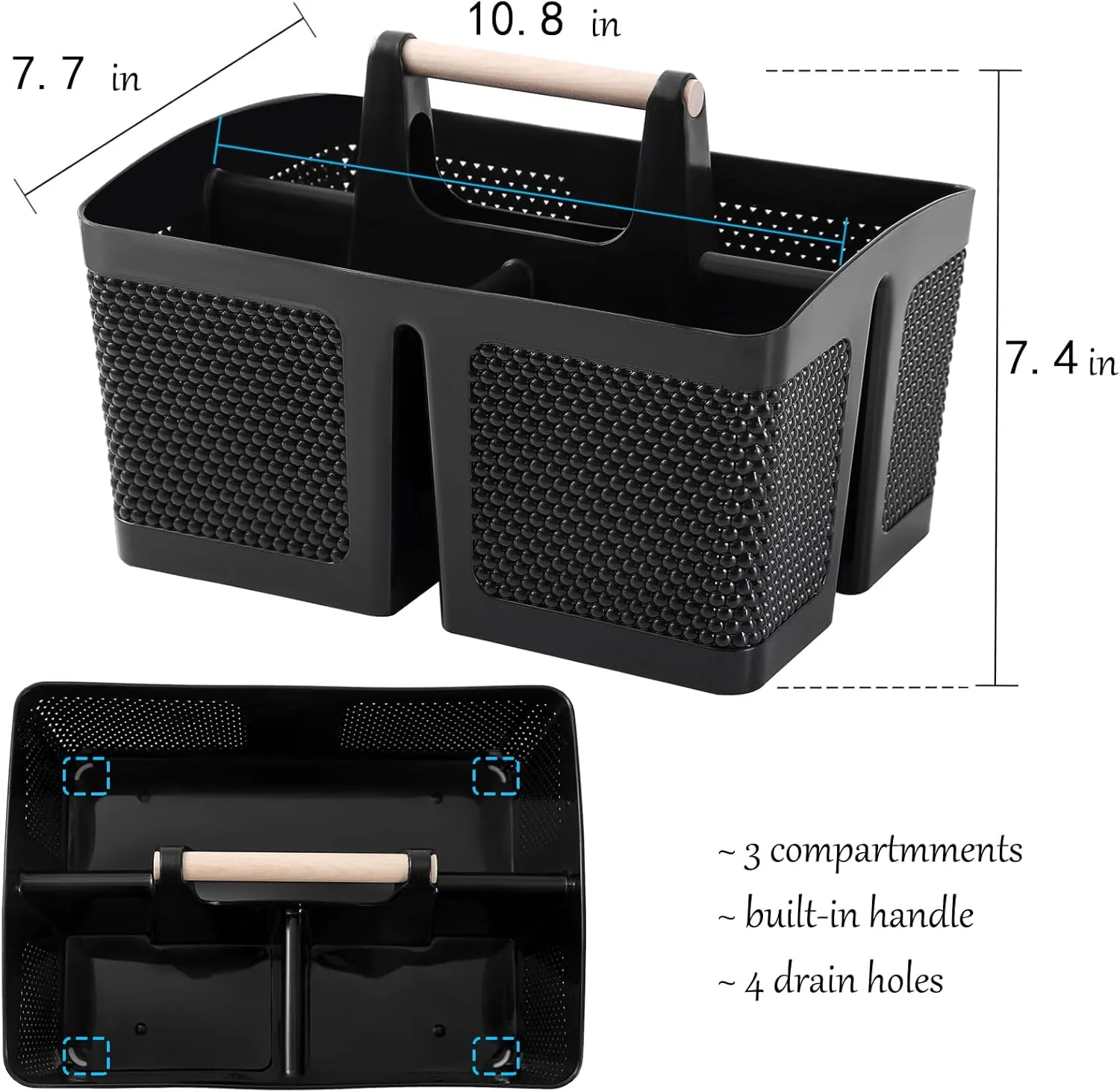 rejomiik Portable Shower Caddy Basket Plastic Cleaning Caddy Organizer Storage Tote with Handle for Bathroom, College, Dorm Room Essentials, Black