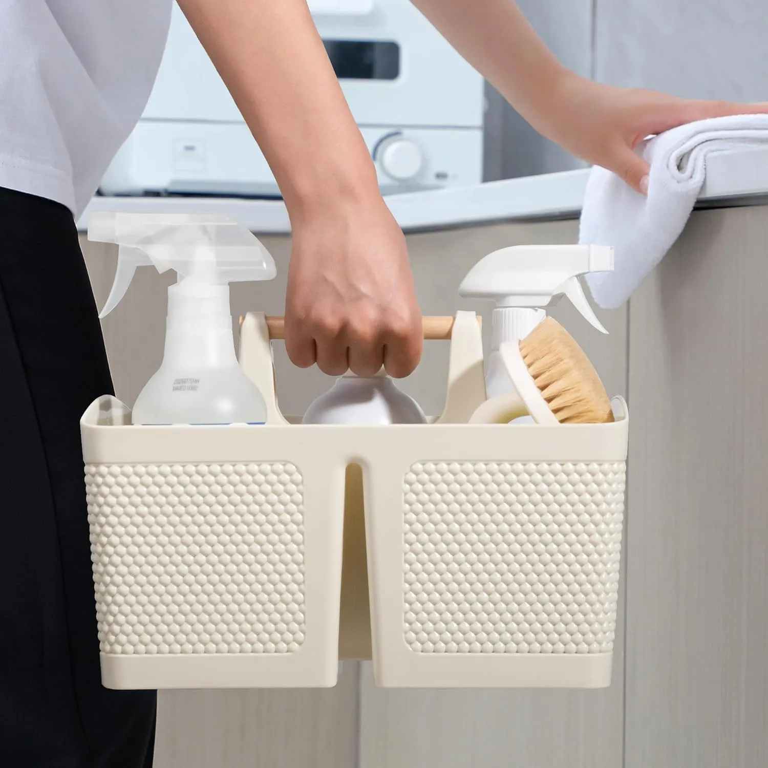 rejomiik Portable Shower Caddy Basket Plastic Cleaning Caddy Organizer Storage Tote with Handle for Bathroom, College, Dorm Room Essentials, Cream