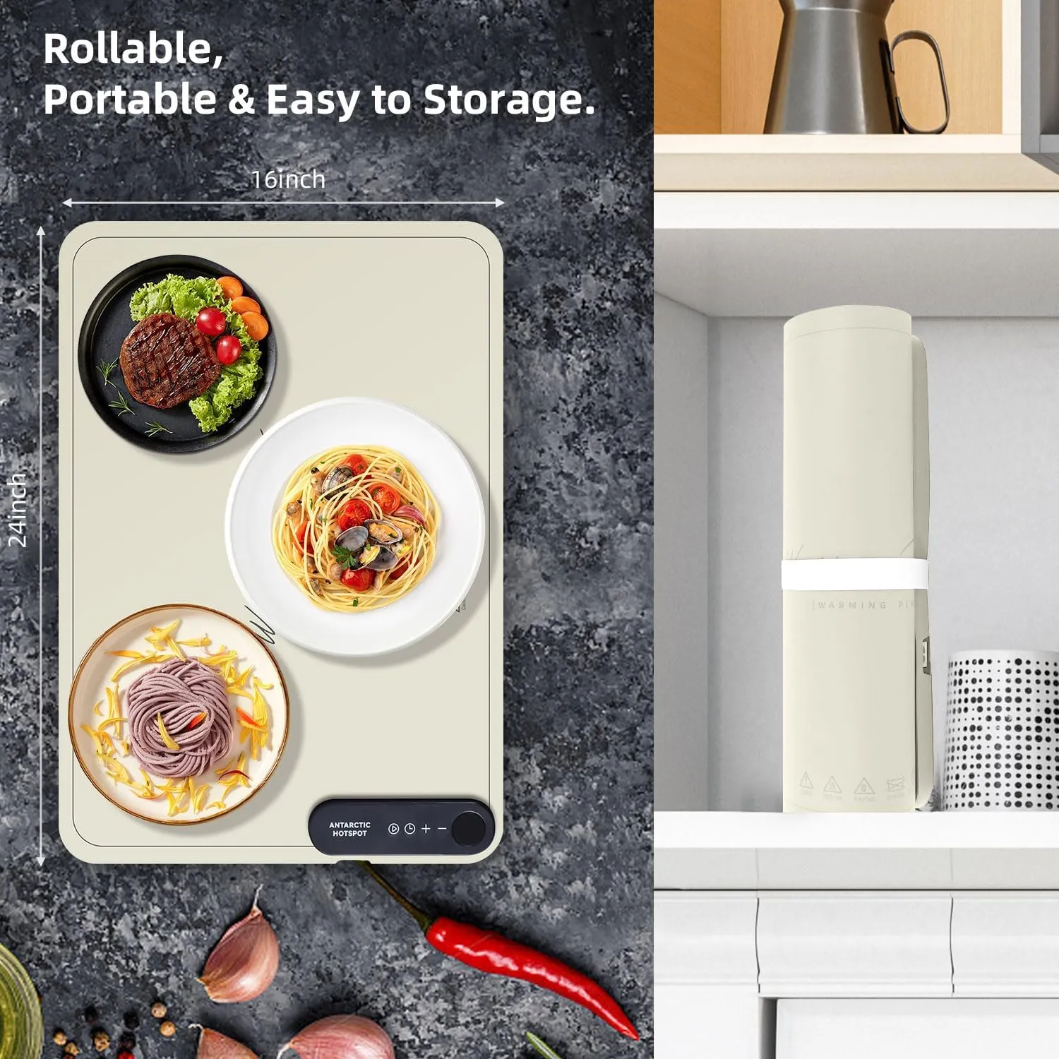 Revolutionary Rollable Full Surface Heating Warming Mat for Food Party Buffet Daily Use, Portable Electric Silicone Defrosting Tray, Hot Plate Keep Food Warm (Beige)