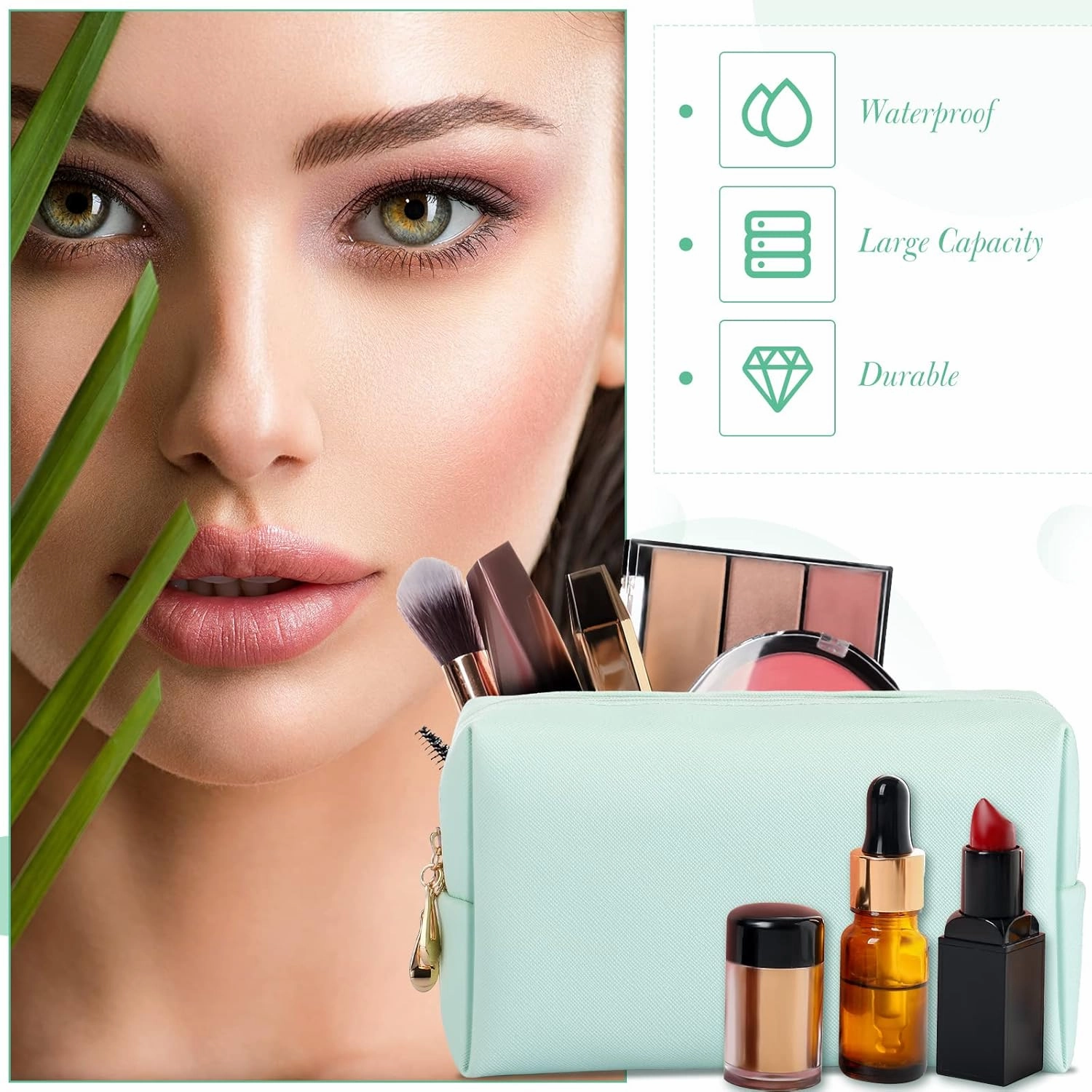 Sanwuta 9 Pcs Makeup Bags PU Double Zippers Cosmetic Bag Makeup Toiletry Pouch Bulk Portable Travel Organizers Case for Women Bachelorette Party End of the Year Graduation Gift(Mint Green)