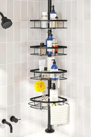SEIRIONE Corner Shower Caddy Tension Pole, Rustproof Bathroom Shower Organizer Corner, 4-Tier Adjustable Bathroom Shelf, Solid Rack Ideal for Bathtub Storage, 39.2 to 113 Inch Height, Black