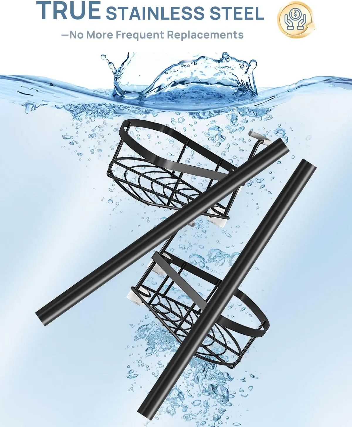 SEIRIONE Corner Shower Caddy Tension Pole, Rustproof Bathroom Shower Organizer Corner, 4-Tier Adjustable Bathroom Shelf, Solid Rack Ideal for Bathtub Storage, 39.2 to 113 Inch Height, Black