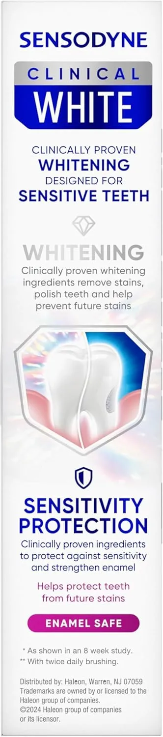 Sensodyne Clinical White Toothpaste Clinically Proven Whitening for Sensitive Teeth, Stain Protector, 3.4 oz x 3