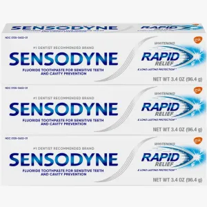 Sensodyne Fluoride Whitening Toothpaste, Rapid Relief and Long Lasting Protection, for Sensitive Skin, 3.4 Ounce (Pack of 3)