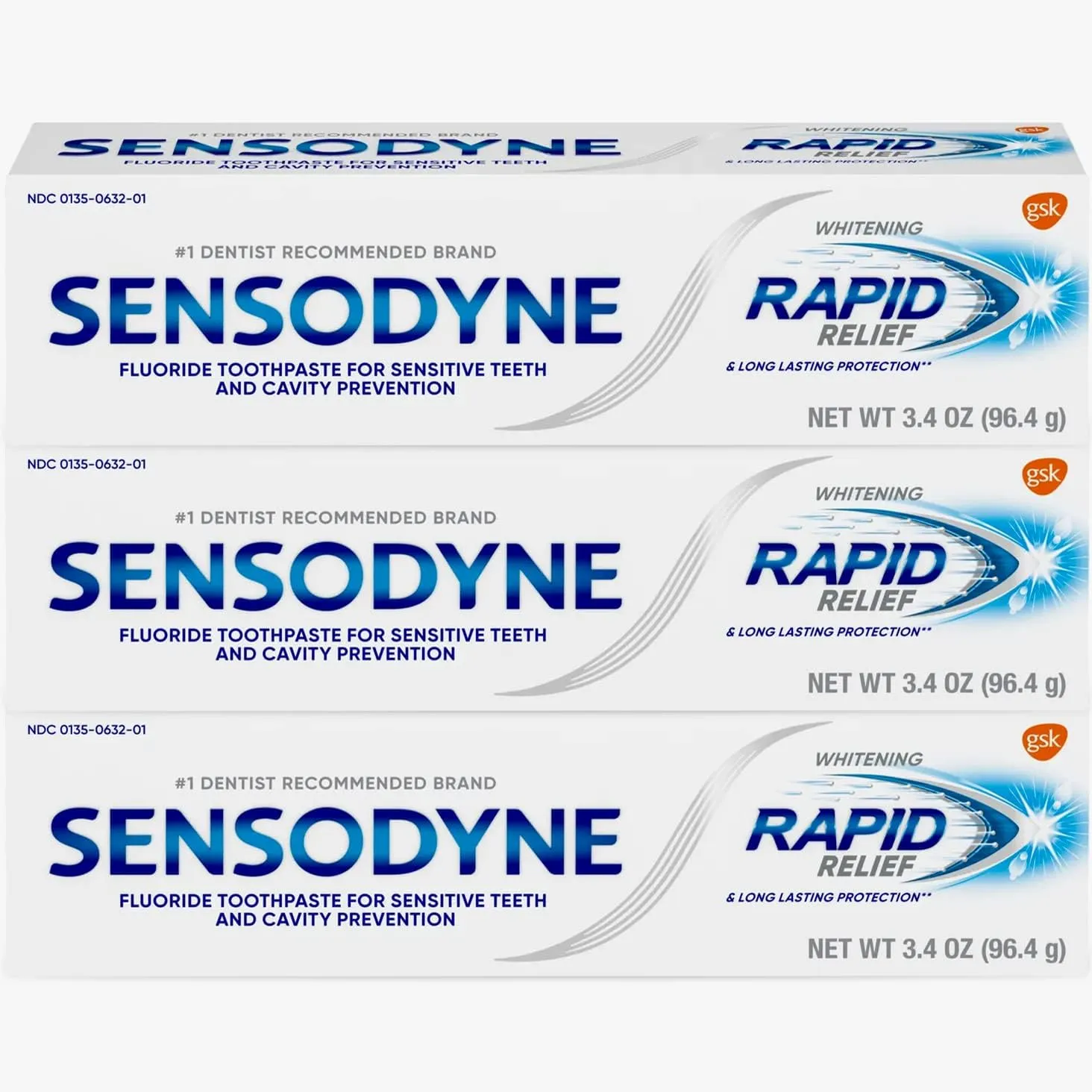 Sensodyne Fluoride Whitening Toothpaste, Rapid Relief and Long Lasting Protection, for Sensitive Skin, 3.4 Ounce (Pack of 3)
